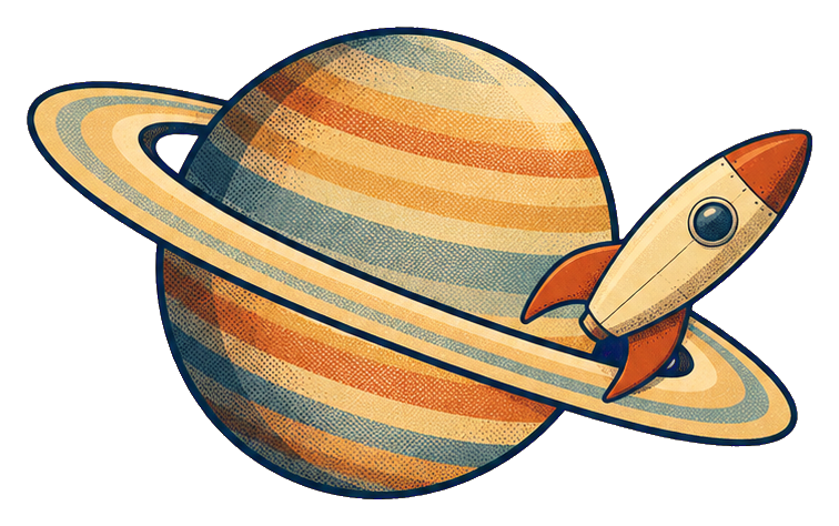 Rocket flying beside a ringed planet in a space-themed sticker graphic.