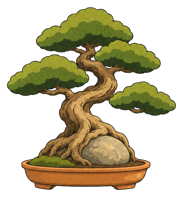 A bonsai tree with twisting roots growing over a rock in a shallow pot.
