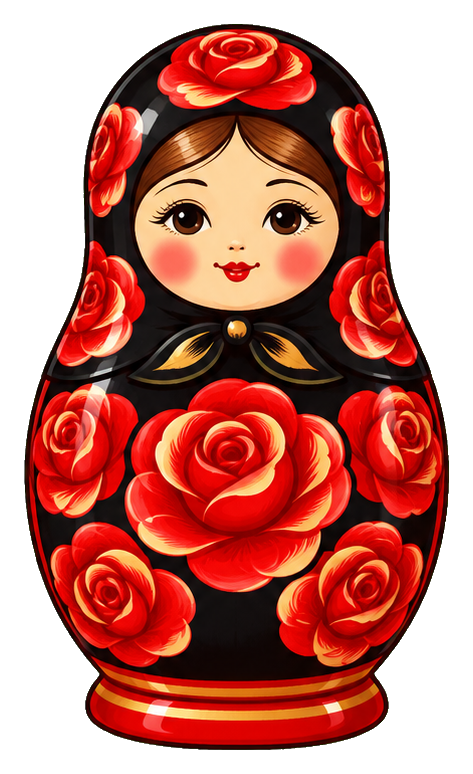 Illustrated matryoshka doll with a black shawl and bright red roses on the body and headscarf.