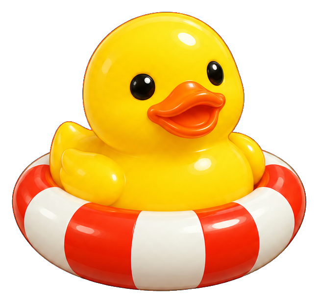 Yellow rubber duck sitting in a red and white swim ring
