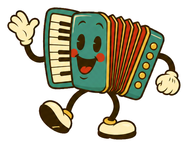 Cartoon accordion character with gloves and shoes in rubber hose style.