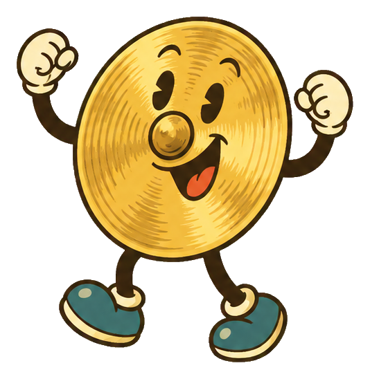 Smiling gold cymbal character with arms, legs, and blue shoes.