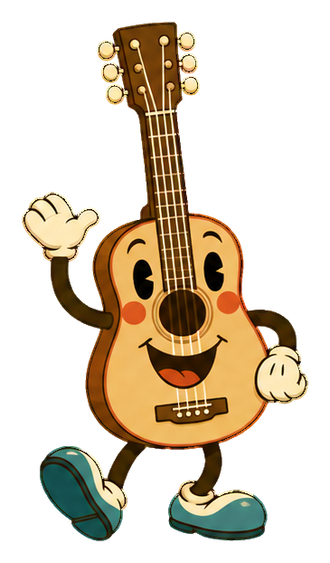Cartoon acoustic guitar character with smiling face, gloves, shoes, and raised hand.