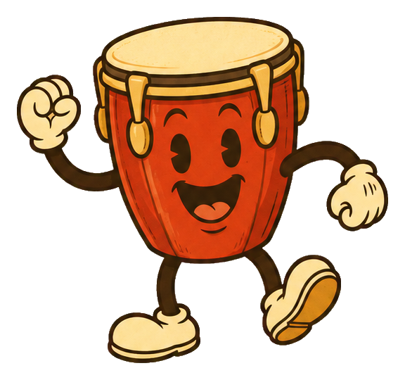 Smiling rubber hose style bongo drum character with raised gloves and shoes