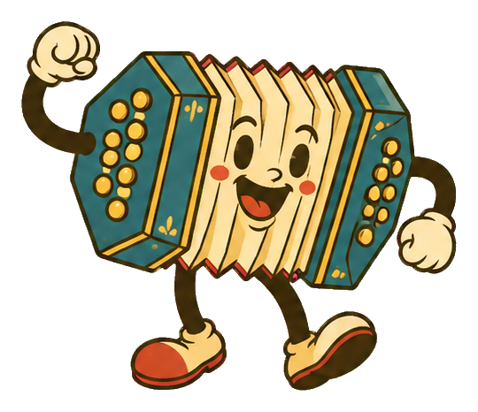 Cheerful cartoon concertina character with raised arms and a smiling face
