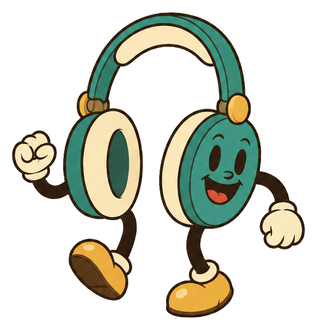 Cartoon music character with headphones, smiling and walking in a rubber hose style.