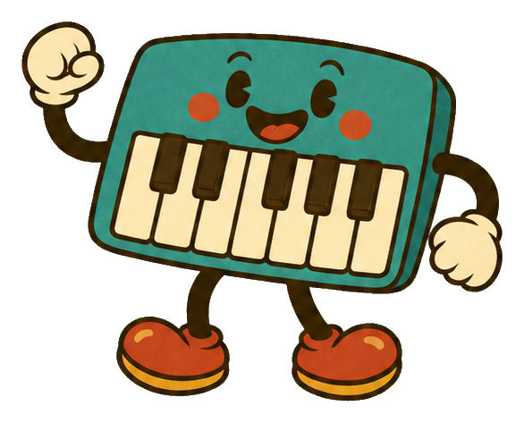 Smiling cartoon keyboard character with gloves, shoes, and bent rubber hose limbs