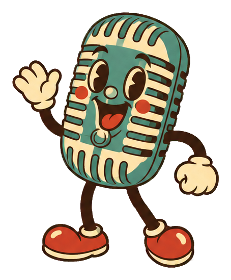 Rubber hose cartoon microphone character with arms, legs, and a smiling face.