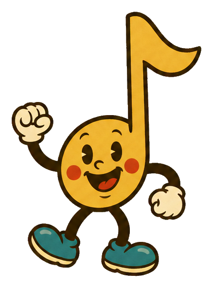 Smiling rubber hose music note character with gloves and shoes