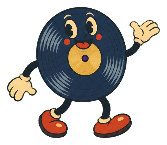 Smiling cartoon record character with arms, legs, gloves, and red shoes.
