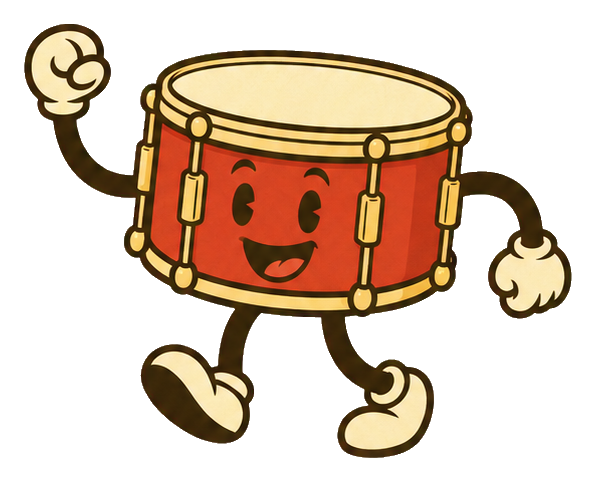 Smiling rubber hose snare drum character with arms, legs, and gloves
