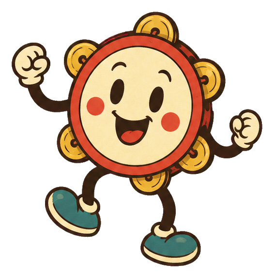 Smiling rubber hose style music character holding tambourines and wearing teal shoes