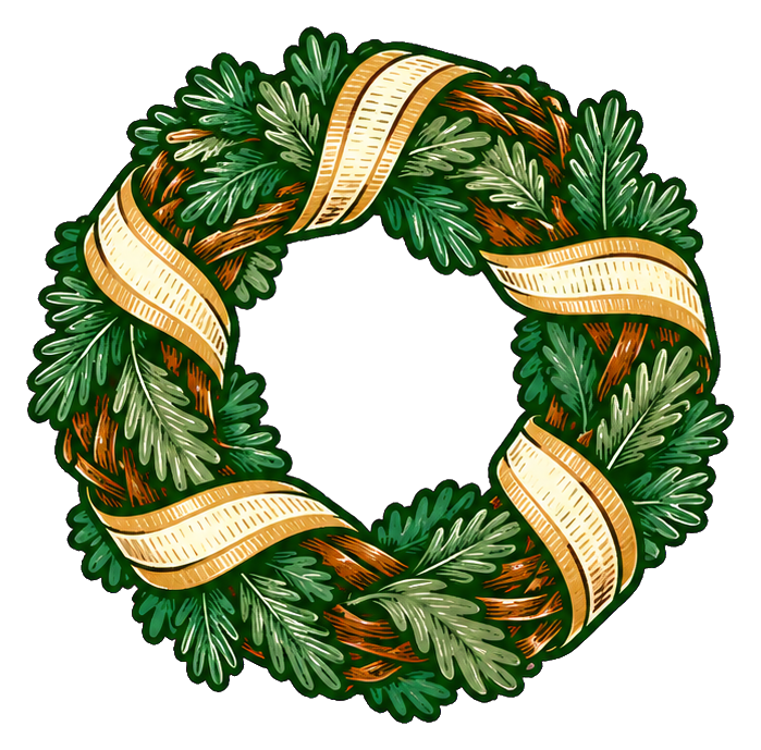 Rustic Christmas wreath made of pine branches with ribbon accents and berries, sticker graphic.