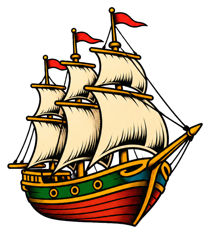 Vintage sailing ship tattoo flash sticker with bold sails and nautical colors