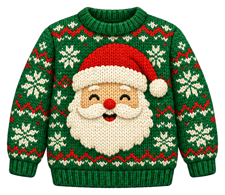 Green ugly sweater with a Santa face and holiday knit pattern