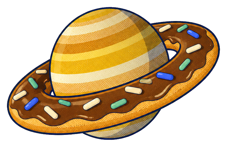A playful donut shaped like Saturn with a ring and colorful sprinkles.