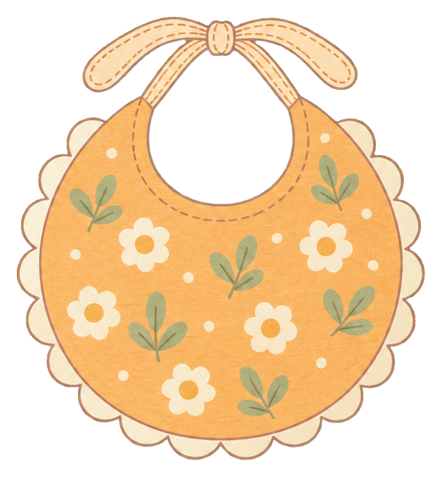 Scalloped orange baby bib with floral details and a tie at the top.