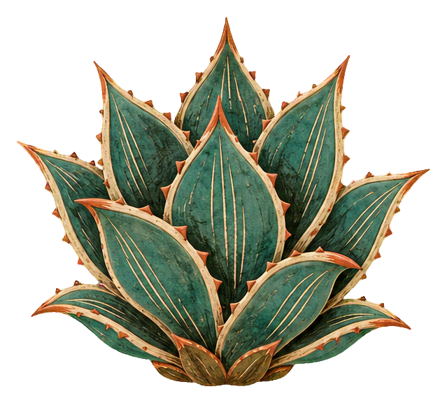 Sgraffito-style agave plant sticker with layered green leaves and orange edges.
