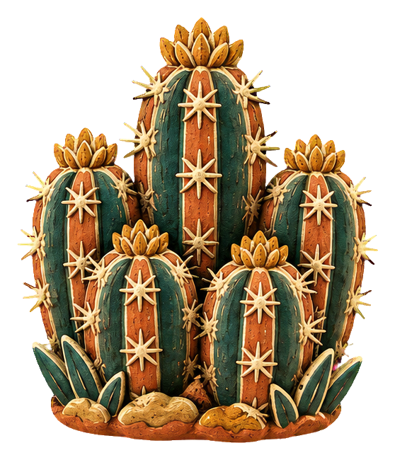 Three stylized cactus plants with orange flowers in a sgraffito-inspired desert design.