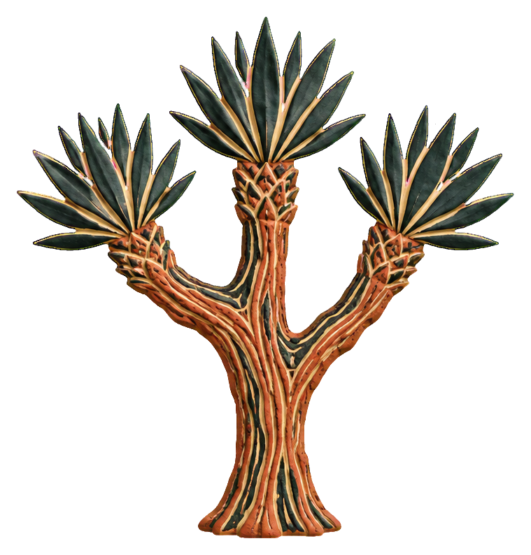 Stylized Joshua tree desert plant with striped trunk and spiky green leaves
