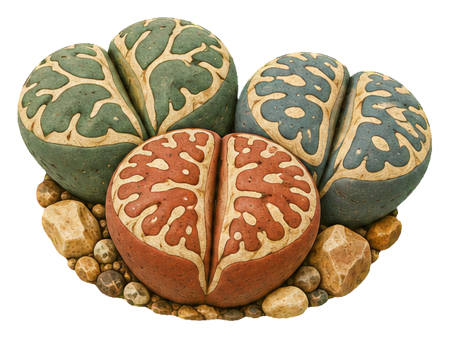 Cluster of living stones desert plants in a sgraffito style with pebble details