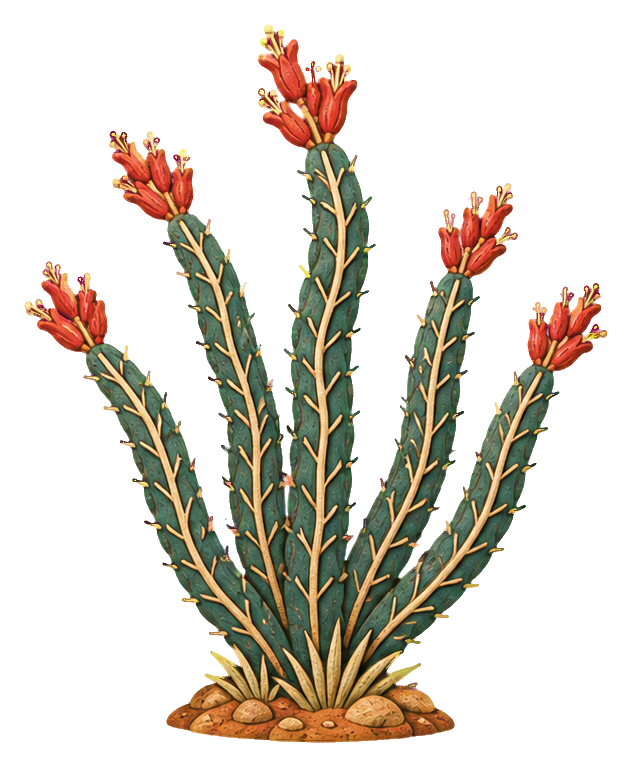 Sgraffito-style ocotillo desert plant with tall stems and orange blooms