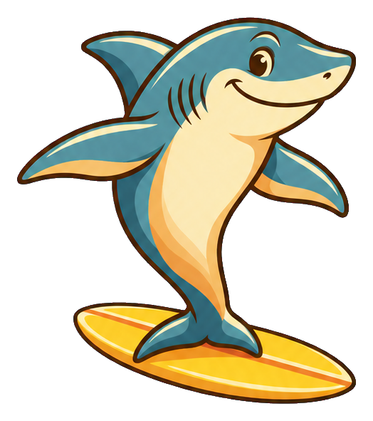 Retro cartoon shark surfing on a yellow board with a smiling expression.