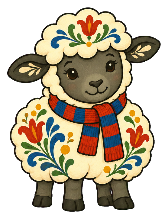 Cute sheep wearing a colorful scarf with folk art floral details.