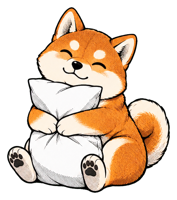 Cute shiba inu hugging a white pillow while sitting with a happy expression.