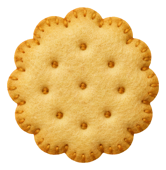 Round shortbread cookie sticker with scalloped edges and baked golden dots.
