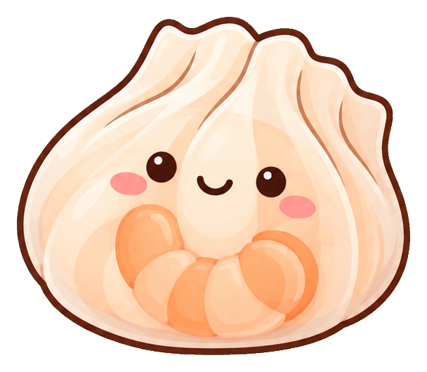 Cute smiling shrimp har gow dumpling with a soft beige wrapper and orange shrimp filling