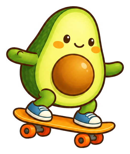 Cute avocado wearing sneakers and riding a skateboard with a smiling face.