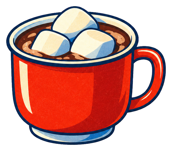 A red mug of hot cocoa with marshmallows floating on top.