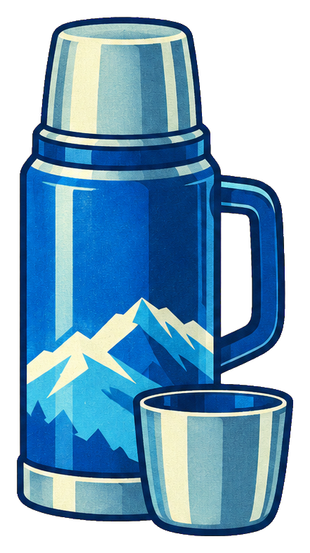 Blue thermos flask with mountain design and a matching cup sticker