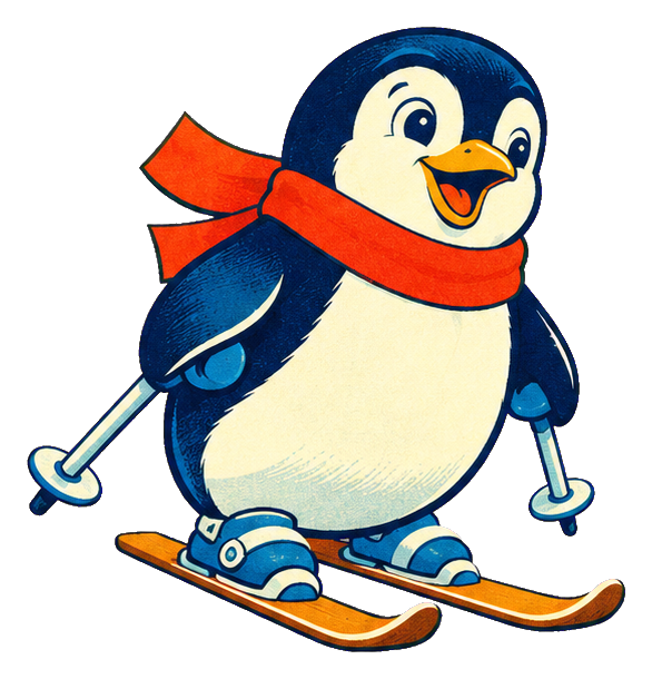 Cartoon penguin skiing with a red scarf and blue skis.