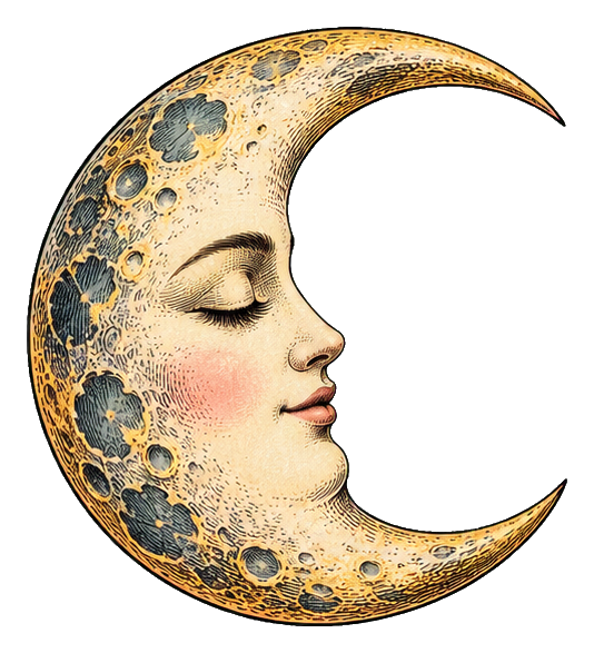 Illustrated crescent moon with a sleeping woman's face and mottled crater details.