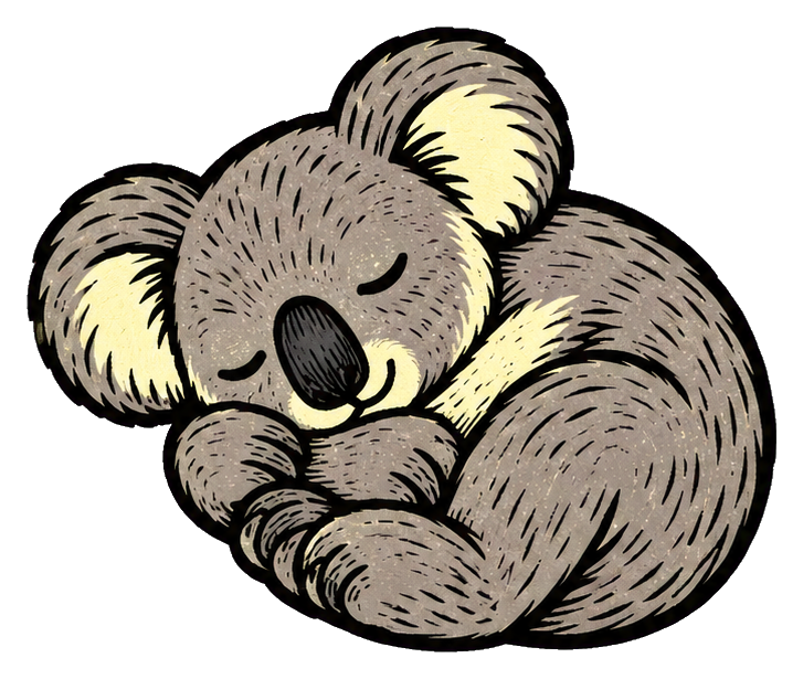 Curled-up sleepy koala with closed eyes and fluffy ears