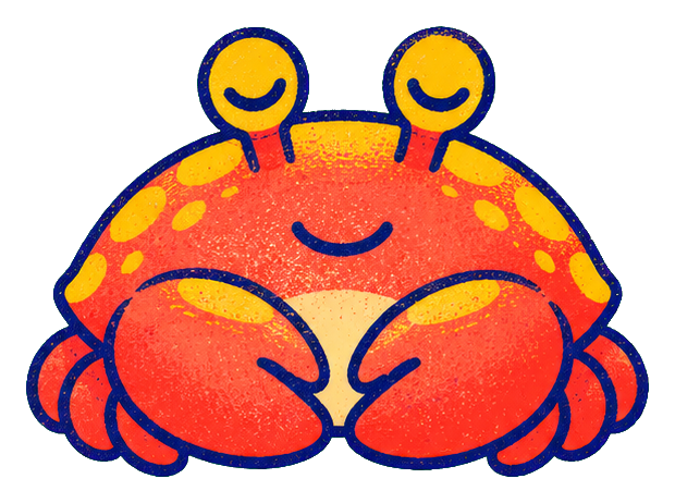 Cute sleepy crab with closed eyes and curled claws, shown as a sticker graphic.