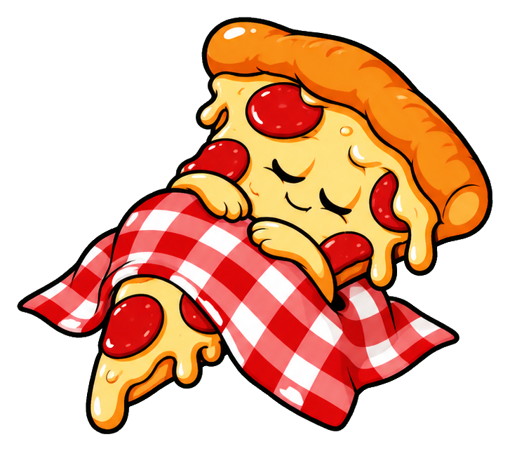 A sleepy cartoon pizza slice wrapped in a red checkered blanket
