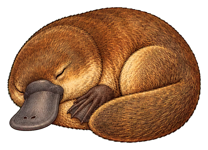 Curled-up sleepy platypus with a vintage illustration style and transparent background.