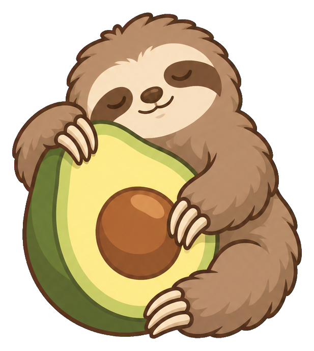 Cute sleepy sloth hugging a halved avocado with a visible pit.