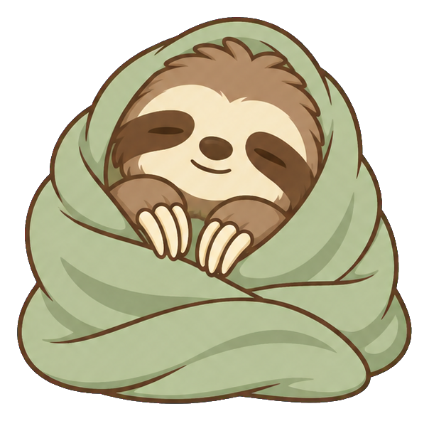 Cute sleepy sloth wrapped in a soft green blanket.