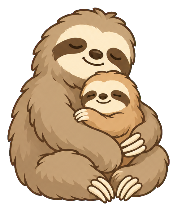 A sleepy sloth mother cuddling a baby sloth in a seated pose.