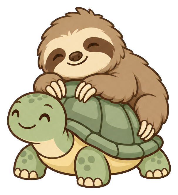 A smiling sloth riding on a green turtle shell.