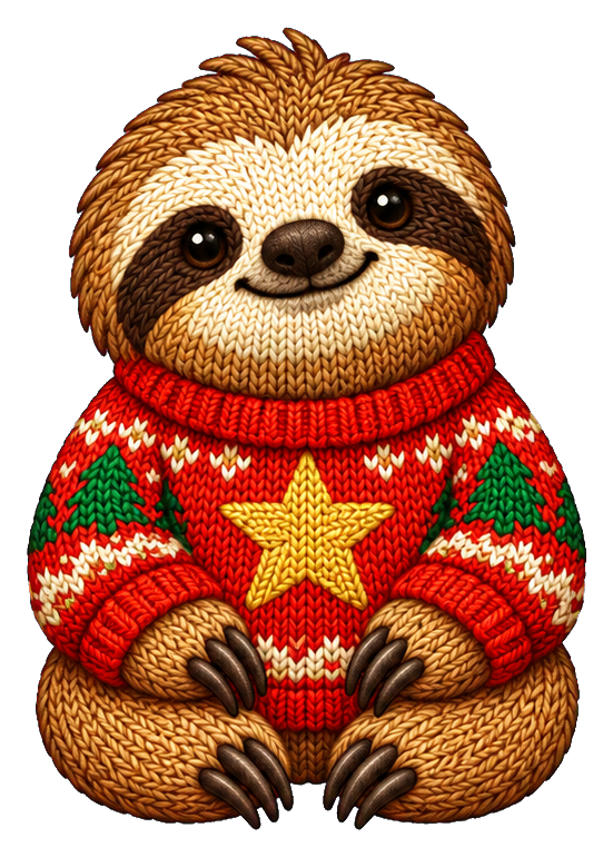 Cute sloth wearing a red and green ugly Christmas sweater with a star