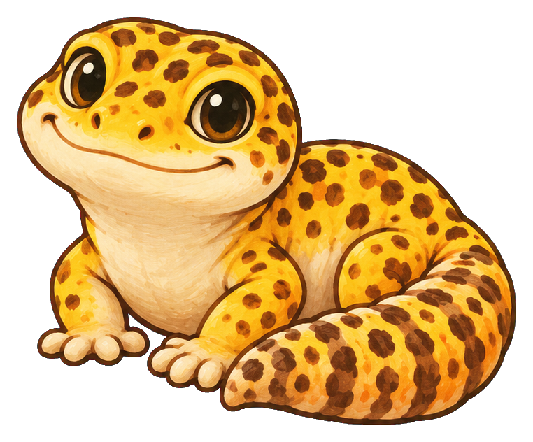 Smiling yellow leopard gecko with dark spots lying down and looking forward