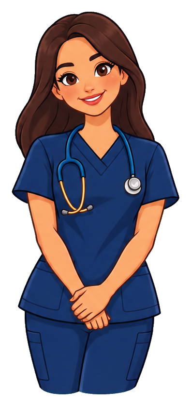 Smiling female nurse in blue scrubs standing with hands folded