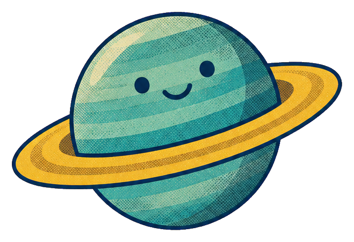 Cute smiling planet with a ring, illustrated as a space sticker