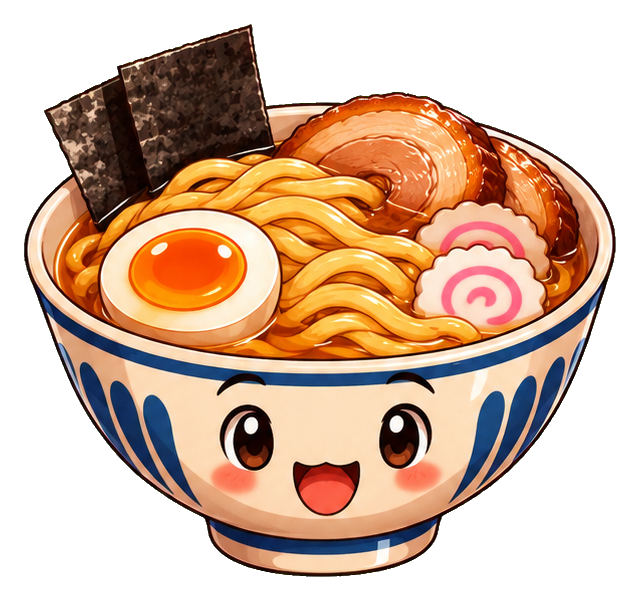 Cute smiling ramen bowl with noodles, egg, fish cake, and seaweed