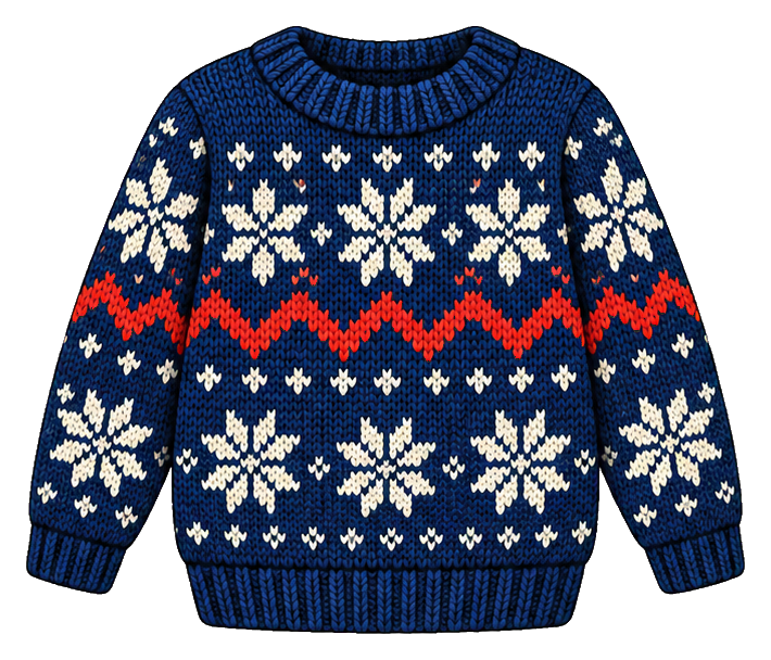 Blue Fair Isle sweater with white snowflakes and red accents